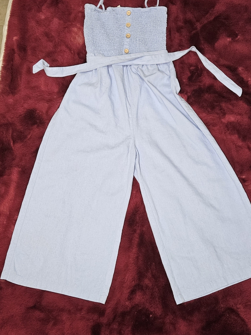 Love Tree Light Blue Smocked Wide-Leg Jumpsuit with Buttons
